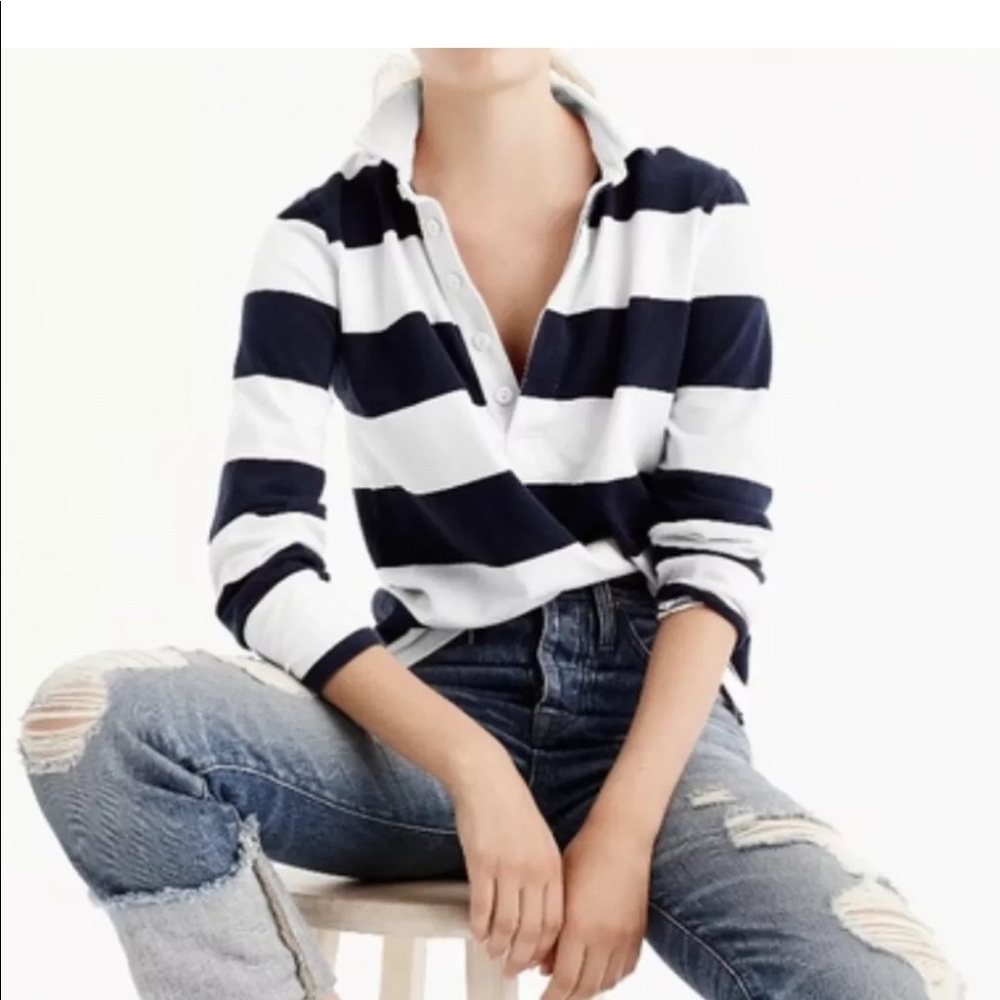 J Crew Navy White Rugby stripe collared shirt